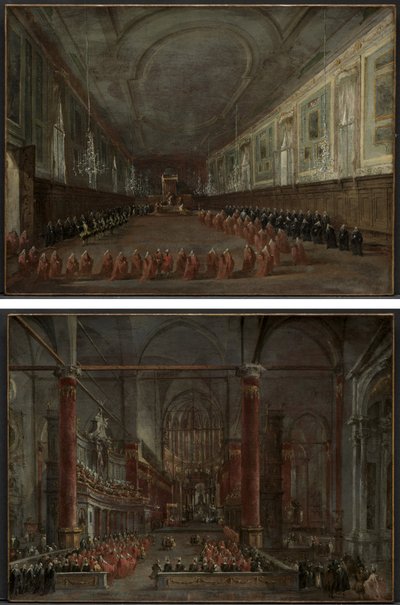 Papst Pius VI. steigt vom Thron, um sich vom Dogen in der Halle von SS. Giovanni e Paolo zu verabschieden, 1782 und Pontifikalzeremonie in SS. Giovanni e Paolo, Venedig, 1782 (Paar) von Francesco Guardi