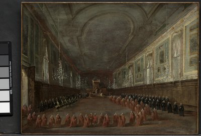 Papst Pius VI. verlässt den Thron, um sich vom Dogen in der Halle von SS. Giovanni e Paolo zu verabschieden, 1782 und Pontifikalzeremonie in SS. Giovanni e Paolo, Venedig, 1782, ca. 1783 von Francesco Guardi