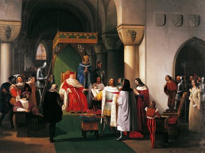 Filippo Maria Visconti, Herzog von Mailand, gibt die Krone an die Könige von Aragon und Navarra zurück, gefangen genommen von den Genuesen von Francesco Hayez