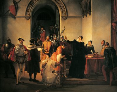 Maria Stuart protestiert vor den Sheriffs ihre Unschuld, als ihr Todesurteil verlesen wird von Francesco Hayez