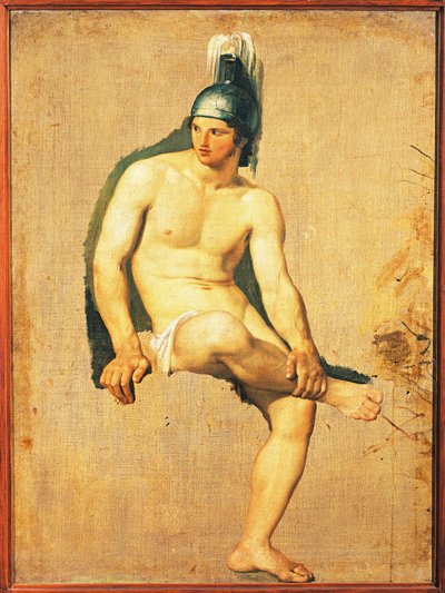 Studie eines nackten Kriegers, der mit Helm auf dem Kopf sitzt von Francesco Hayez