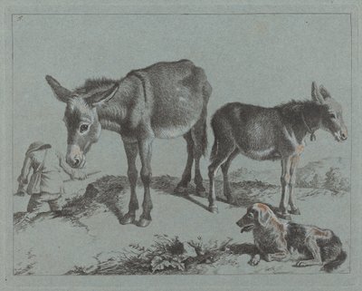 Esel mit ihrem Fohlen, einem Hund und einem Bauern von Francesco Londonio