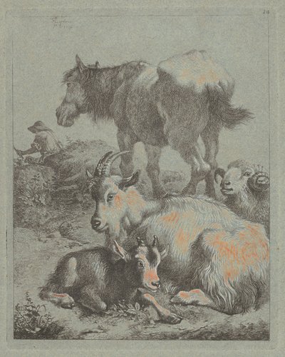 Pferd, Widder, Ziege mit Kitz, im Hintergrund ein Hirte mit Herde von Francesco Londonio