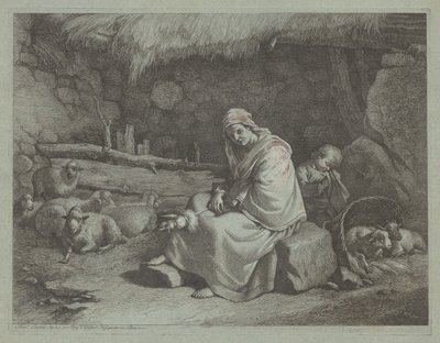 Innenraum eines Stalls mit sitzender Spinnerin und schlafendem Kind, 1759-1782 von Francesco Londonio