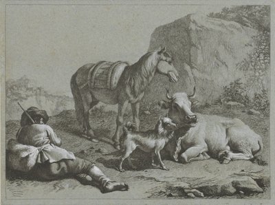 Liegender Hirte mit Pferd, Kuh und Hund von Francesco Londonio