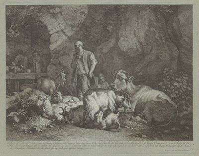 Alter, kahlköpfiger Schäfer, sitzender Schäferjunge und Herde von Francesco Londonio