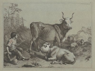 Sitzender Hirte mit einem Stier und einem Ochsen, 1763 von Francesco Londonio