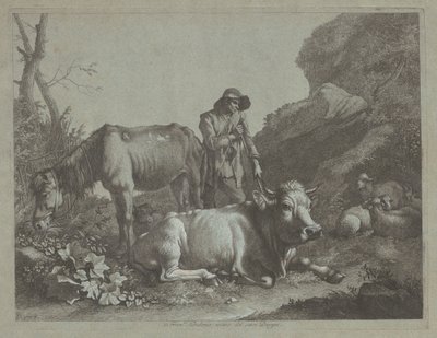 Hirte ruht sich auf einem Spazierstock mit einem alten Pferd und einem liegenden Stier aus, nach 1767 von Francesco Londonio