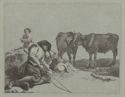 Schlafender Hirte, zwei Kälber und eine Bäuerin von Francesco Londonio
