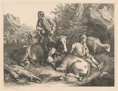 Zwei Hirten mit einer Kuh und einem Kalb, nach 1776 von Francesco Londonio
