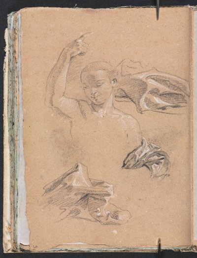 Verona Skizzenbuch: Figur mit erhobenem rechten Arm und Draperiestudien Seite 68 von Francesco Lorenzi
