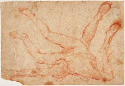 Ein männlicher Akt, der auf dem Rücken liegt, mit hochgezogenen Beinen, und eine Studie für ein Paar hochgezogene Beine von hinten gesehen von Francesco Montelatici
