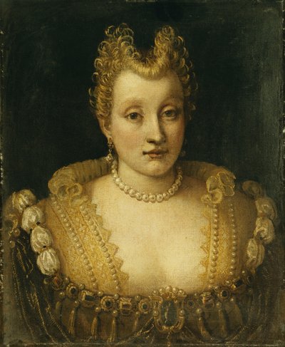 Porträt einer Dame, angeblich aus der Familie Contarini, Brustbild, in einem aufwendigen Kleid mit Juwelen und einer Perlenkette und Ohrringen von Francesco Montemezzano