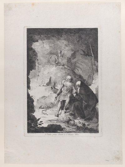 Heiliger Paulus der Einsiedler und Heiliger Antonius Abt im Gespräch in einer Landschaft, nach Pi..., ca. 1784-1836 von Francesco Novelli