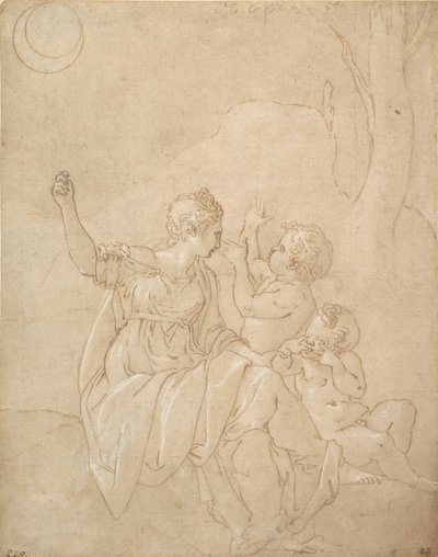 Klassische weibliche Figur Diana oder Venus mit zwei Kindern von Francesco Primaticcio
