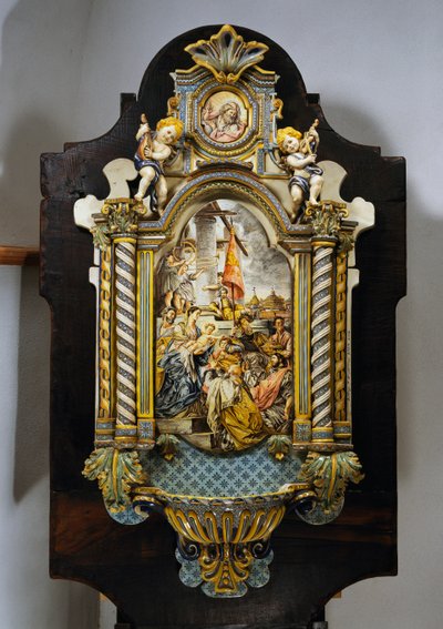 Großes Weihwasserbecken aus bemalter Majolika mit zentraler Szene aus dem Gemälde Anbetung der Könige von Francesco Solimena, Italien, 20. Jahrhundert von Francesco Solimena