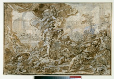 Mythologie: „Perseus verwandelt Phineus und seine Soldaten in Stein“ Zeichnung von Francesco Solimena dit l
