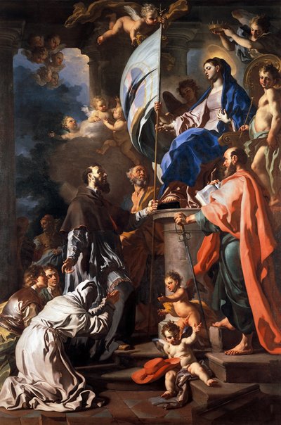 St. Bonaventura empfängt das Banner des Heiligen Grabes von Madonna, von Francesco Solimena (1657-1747), Kathedrale San Paolo, Aversa, Kampanien, Italien von Francesco Solimena
