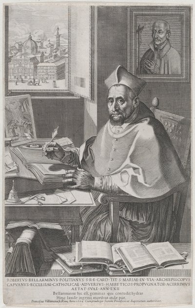 Kardinal Roberto Bellarmino an seinem Schreibtisch, schreibend, 1604 von Francesco Villamena