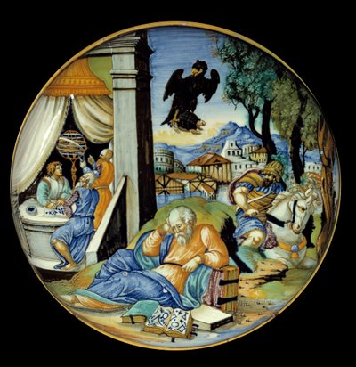 Unterschenkel-Schnitt: Allegorie des Schicksals. Fayence. Hergestellt von Francesco Avelli Xanto (aktiv um 1530/1540) von Francesco Xanto Avelli