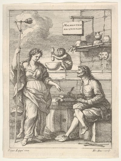 Ein Affe arbeitet mit einem Mörser und Stößel, unten Lorenzo Lippi schreibt seinen humorvollen ..., ca. 1710-64 von Francesco Zuccarelli