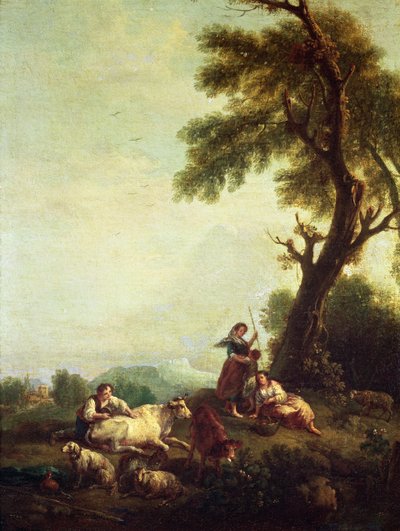 Landschaft mit Bauern, die eine Rinderherde beobachten von Francesco Zuccarelli