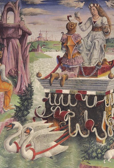 Triumph der Venus und Zeichen des Stiers, Szenen aus dem Monat April, Ostwand, Halle der Monate, Palazzo Schifanoia (Palast der Freude), Ferrara, Emilia-Romagna, Italien, ca. 1470 (Fresko) (Detail) von Francesco del Cossa