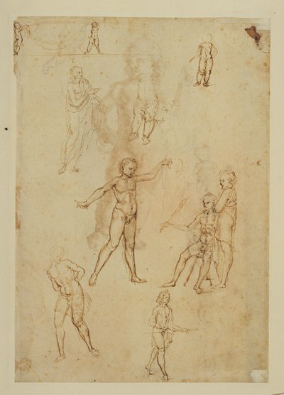 Figurenstudien. Feder und braune Tinte, Metallfeder, rosa Papier von Francesco di Simone (attr. to)