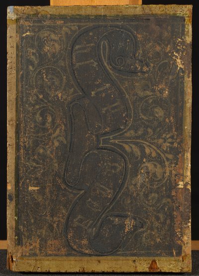 Rückseite des Verkündigungsdiptychons mit Schriftrolle mit Buchstaben und Blumenmotiv von Francesco di Stefano Pesellino