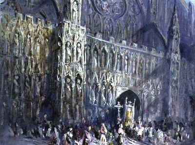 Die Westfassade der Kathedrale von Exeter mit einer religiösen Prozession im Vordergrund von Francis Abel William Taylor Armstrong