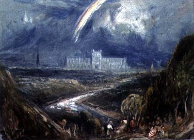Ansicht von einem Hügel auf eine entfernte Stadt und Kathedrale (wahrscheinlich Exeter) mit einem Fluss im Vordergrund von Francis Abel William Taylor Armstrong