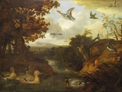 Enten und andere Vögel an einem Bach in einer italienischen Landschaft von Francis Barlow