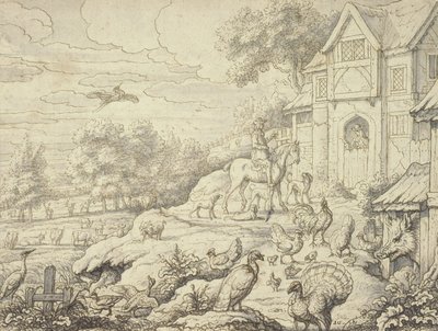 Bauernhof mit Figuren und Landschaftshintergrund von Francis Barlow