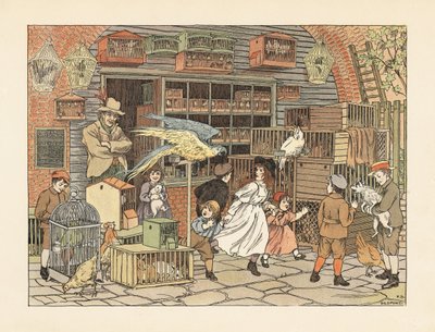 Viktorianische Kinder spielen mit Papageien und Kakadus im Vogel- oder Tiergeschäft. Chromolithographie nach einer Illustration von Francis Donkin Bedford aus Edward Verrall Lucas