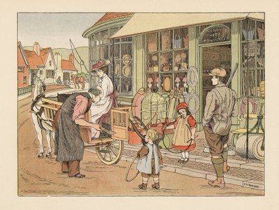 Viktorianische Familie bei Henry Hoop, dem Dorfeisenwarenhändler. Chromolithographie nach einer Illustration von Francis Donkin Bedford aus Edward Verrall Lucas