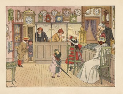 Viktorianische Familie beim Uhrmacher. Kinder spielen in einer Standuhr, während ein Angestellter eine Uhr repariert. Chromolithographie nach einer Illustration von Francis Donkin Bedford aus Edward Verrall Lucas