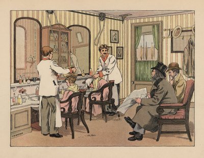 Viktorianische Herren lassen sich im Friseursalon die Haare shampoonieren und mit einer Haarbürstenmaschine behandeln. Chromolithographie nach einer Illustration von Francis Donkin Bedford aus Edward Verrall Lucas
