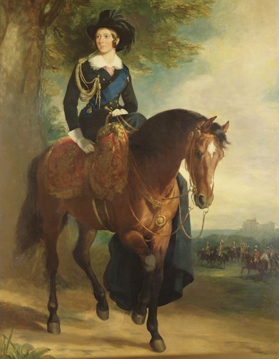 Porträt von Königin Victoria zu Pferd, mit Windsor Castle, dem Herzog von Wellington und der Household Brigade im Hintergrund von Francis Grant