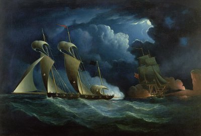 Ein Zollschiff im Kampf mit dem Piratenlugger Will Watch von Francis Hustwick