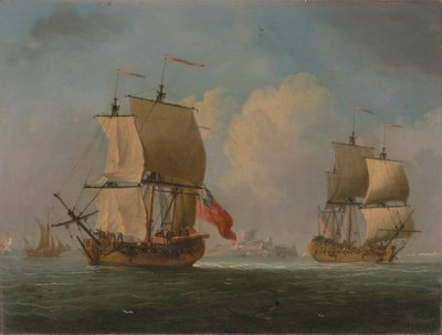 Eine englische Schaluppe und eine Fregatte bei leichtem Wind von Francis Swaine