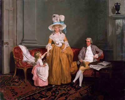 Eine Familiengruppe, der Vater sitzt, die Mutter und Tochter stehen, im Innenraum, 18. Jahrhundert von Francis Wheatley