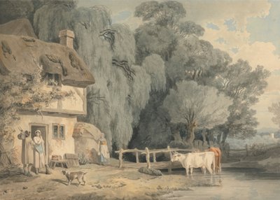 Ländliche Szene: Figuren an einer Haustür und Vieh in einem Bach von Francis Wheatley