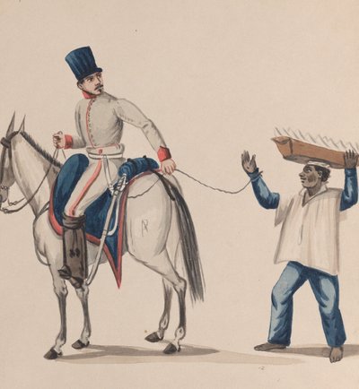 Ein Soldat zu Pferd hält ein Seil, das einen indigenen Sklaven sichert, der einen Teller balanciert von Francisco