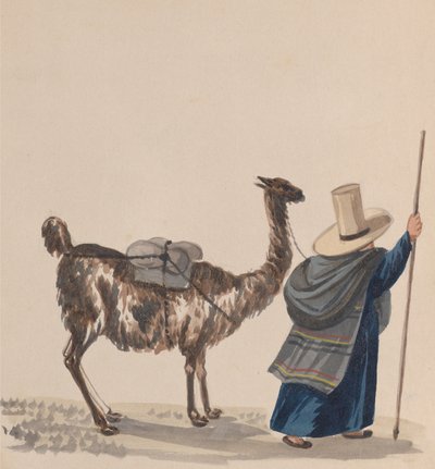 Eine Frau, die mit einem Lama geht, aus einer Gruppe von Zeichnungen, die peruanische Kostüme darstellen, ca. 1848 von Francisco