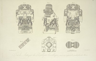 Aztekisches Idol aus basaltischem Porphyr, gefunden unter der Grand Plaza von Mexiko-Stadt, graviert von Cloquet, Illustration aus 