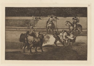 Banderillas mit Feuerwerkskörpern, Tafel 31 aus La tauromaquia von Francisco de Goya