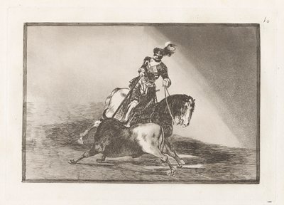Karl V. spießt einen Stier in der Arena von Valladolid auf, Platte 10 aus La tauromaquia von Francisco de Goya
