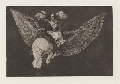 Fliegende Torheit, auch bekannt als Verleugne den Freund, der dich mit seinen Flügeln bedeckt und mit seinem Schnabel beißt, aus der Serie Los disparates (Los proverbios) von Francisco de Goya