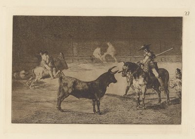 Der berühmte Picador, Fernando del Toro, zieht das wilde Tier mit seiner Lanze an, Tafel 27 aus La tauromaquia von Francisco de Goya