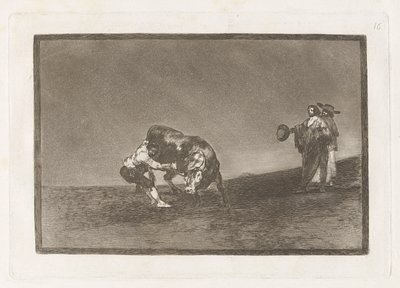 El mismo vuelca un toro en la plaza de Madrid (Der gleiche Mann wirft einen Stier in der Arena von Madrid), Tafel 16 aus La tauromaquia von Francisco de Goya